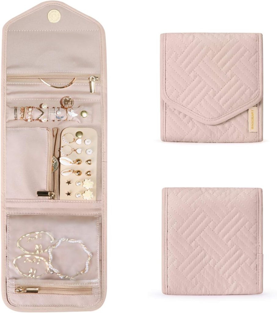 BagSmart jewelry travel organizer case with rings and necklaces neatly stored